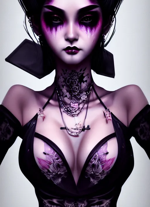 Image similar to soft lustrous ebony geisha seductive raver yakuza gothic gutter punk, urban decay dark fantasy, dark art, highly detailed, digital painting, octane render, artstation, concept art, smooth, sharp focus, illustration, art by artgerm, loish, wlop