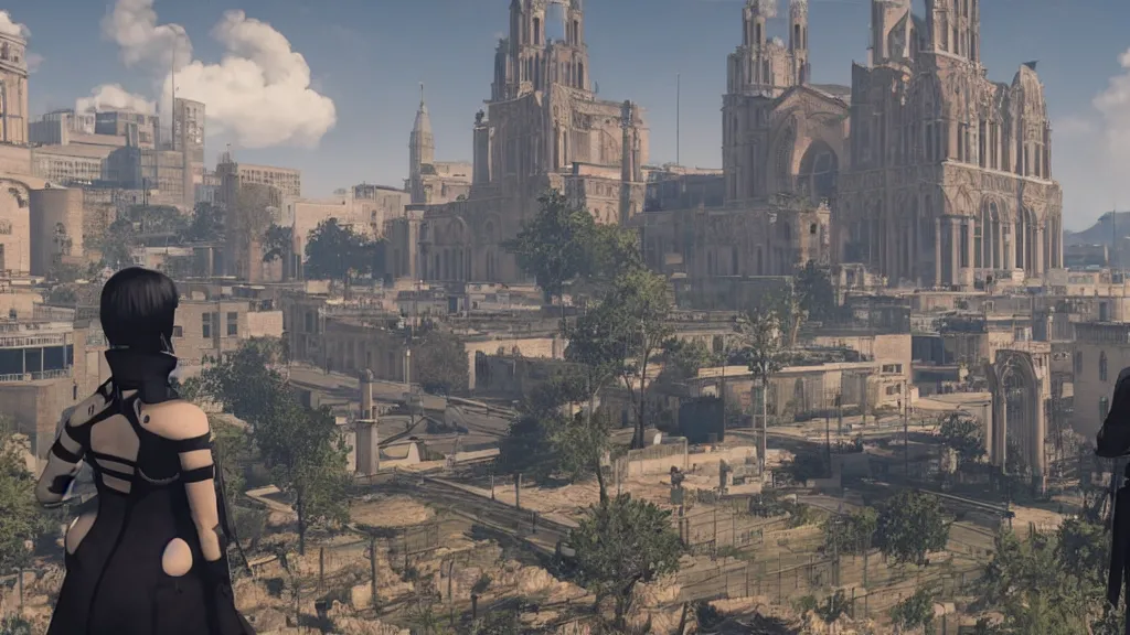 Prompt: Screenshot from Nier Automata in Marseille. In the background there is the basilica Our Lady of the Guard