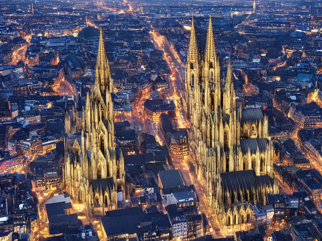 Image similar to cologne cathedral sourrounded by city, birds eye view, night, landscape, sky, volumetric lighting, 8 k octane beautifully detailed render, post - processing, extremely hyper - detailed, intricate, epic composition, intricate, trending on artstation, stunning art by frazetta, wonderful masterpiece by karine villette