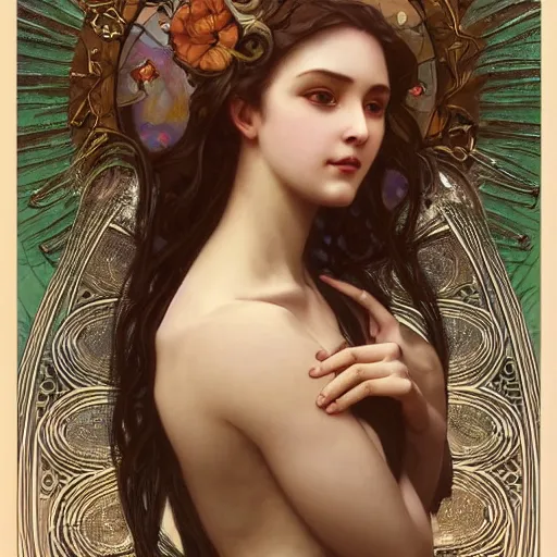 Image similar to beautiful woman turning into a skeleton, intricate, art by artgerm and greg rutkowski and alphonse mucha and william - adolphe bouguereau, high detailed, 4 k,