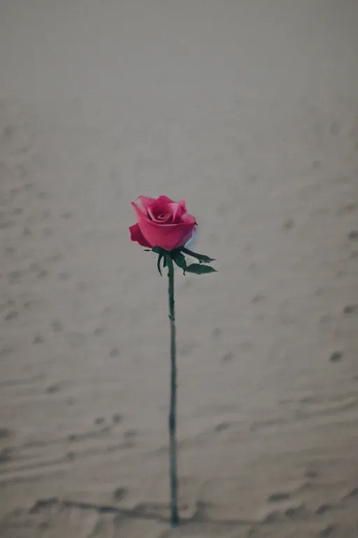 Image similar to agfa vista 4 0 0 photograph of a single rose growing in the desert sand, synth vibe, vaporwave colors, lens flare, moody lighting, moody vibe, telephoto, 9 0 s vibe, blurry background, grain, tranquil, calm, faded!,