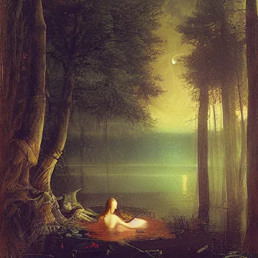 Prompt: rusalka sits by a pond in an apocalyptic dark forest at night, moon gazing, by john martin