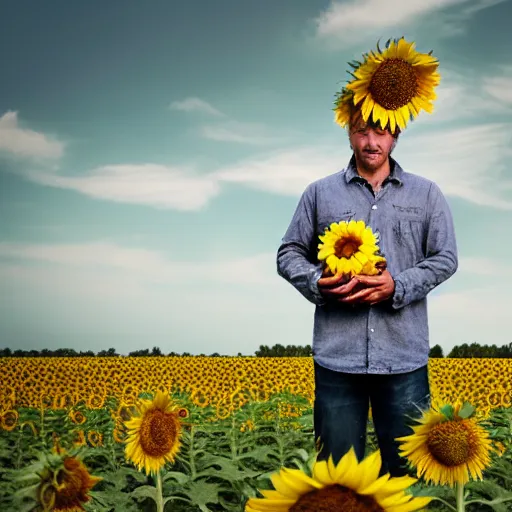 Prompt: A wet-collodion photograph of a man standing in a field of sunflowers with an apple on his head, shallow depth-of-field