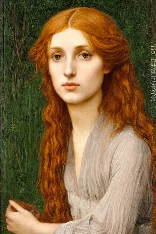 Prompt: Pre-Raphaelite portrait of a young beautiful female with blond hair and grey eyes