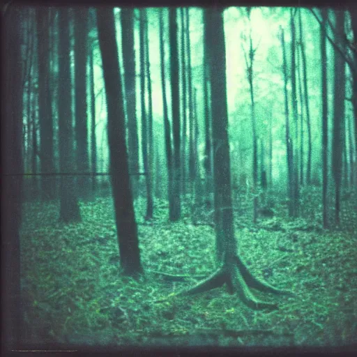 Image similar to glowing pentagram in a forest clearing at night, old polaroid, expired film, blurry, lost footage, found footage, creepy,