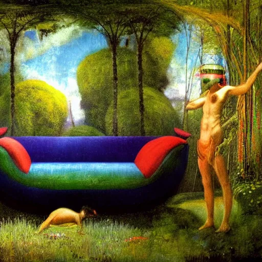 Image similar to psychedelic couch sofa in the lush forest, milky way, designed by arnold bocklin, jules bastien - lepage, tarsila do amaral, wayne barlowe and gustave baumann, cheval michael, trending on artstation, mediterranean, star, sharp focus, colorful refracted sparkles and lines, soft light, 8 k 4 k