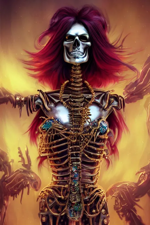 Image similar to androgyne lich skeleton made of iridescent metals and shiny gems covered with blood, long red hair, golden necklace, skeleton inspired by ross tran and wlop and masamune shirow, ultra realistic, concept art, intricate details, highly detailed, photorealistic, octane render, 8 k, unreal engine. dnd art by artgerm and greg rutkowski and alphonse mucha