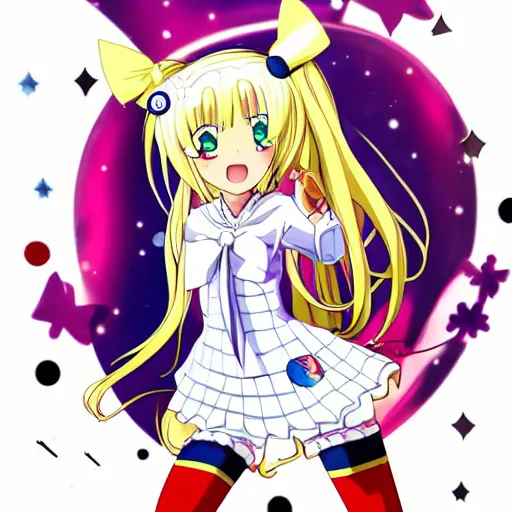 Image similar to An anime magical girl with long blond ponytails, dressed in a sailor-suit school uniform inspired attire, wearing a golden tiara in her forehead, white elbow-length gloves and red thigh-high boots