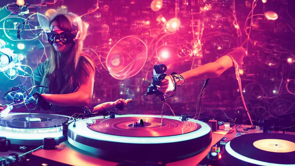 Prompt: a woman wearing goggles and visor and headphones using a record player turntable contraption, wires and tubes everywhere, turntablism dj scratching, intricate planetary gears, cinematic, imax, sharp focus, led light strips, bokeh, iridescent, black light, fog machine, hazy, computer screens, lasers, light trails, hyper color photograph