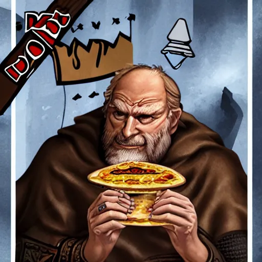 Prompt: a grumpy old danish man with long black hair eating pizza while DMing an AD&D game, D&D, rogue, dark hair, skinny, middle aged, dice, dungeons & dragons, cape