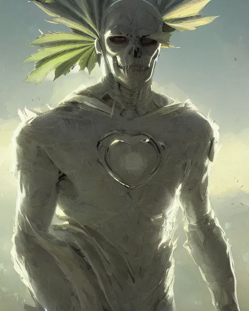 Image similar to white skeleton superman of weed leaves, clear sky, scifi character portrait by greg rutkowski esuthio craig mullins