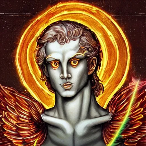 Image similar to Oil canvas of Lucifer, ruler of Inferno, capital sin of Pride, Superbia, natural blonde gold like hair, intricate sophisticated well rounded face, good bone structure, bright glowing eyes as LEDs and neon, lean body, porcelain looking skin, attractive and good looking, tall, invincible, poses triumphantly over Michael the archangel in Heaven, flaming sword, by Michelangelo, Caravaggio,Leonardo da Vinci, Raphael, Donatello and Sandro Botticelli, Dark Fantasy mixed with Socialist Realism, exquisite art, art-gem, dramatic representation, hyper-realistic, atmospheric scene, cinematic, trending on ArtStation, photoshopped, deep depth of field, intricate detail, finely detailed, small details, extra detail, attention to detail, detailed picture, symmetrical, 2D art, digital art, golden hour, oil painting, 8k, 4k, high resolution, unreal engine 5, octane render, arnold render, 3-point perspective, polished, complex, stunning, breathtaking, awe-inspiring, award-winning, ground breaking, concept art, nouveau painting masterpiece