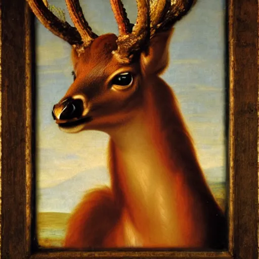 Image similar to a flaming deer portrait in the style of renaissance painting