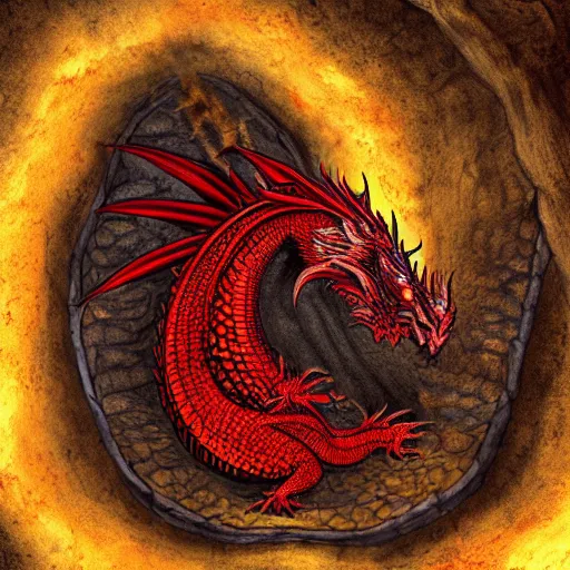 Prompt: red dragon laying on a pile of gold in a cave, scaly, big, realistic, dragon, red, cave, dark, 8k, art station,