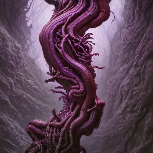 Prompt: Dark purple coloured plants made of slime growing in a rocky crevice, inspired by HR giger and Lovecraft, veins, dim red light, intricate, highly detailed, digital painting, artstation, concept art, sharp focus, illustration, art by greg rutkowski and alphonse mucha