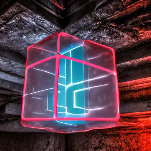 Image similar to glowing translucent cube in a las pozas, cyberpunk, dark room, trending on artstation, 4 k close up, wide angle