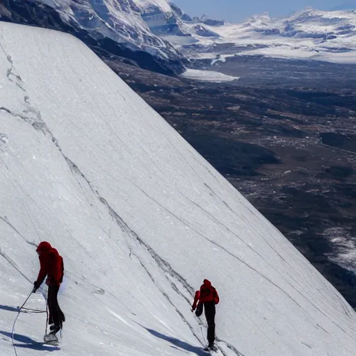 Prompt: two climbers walking on ice surface with a view of the red star.