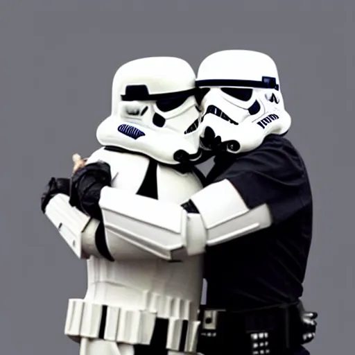 Prompt: a stormtrooper hugging an anime girl