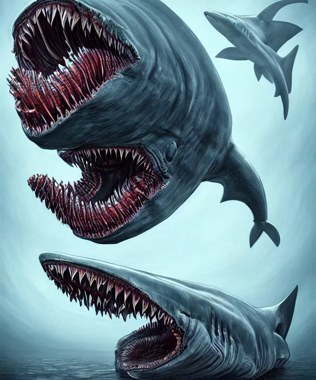 Image similar to hziulquoigmnzhah, head dangling underneath body!!!!, gigantics shark mouth, spherical body, elongated arms, short legs, lovecraftian horror!, surrealism, fantasy, intricate, elegant, highly detailed, digital painting, artstation, concept art, matte, sharp focus, illustration, art by keith thompson and christopher lane