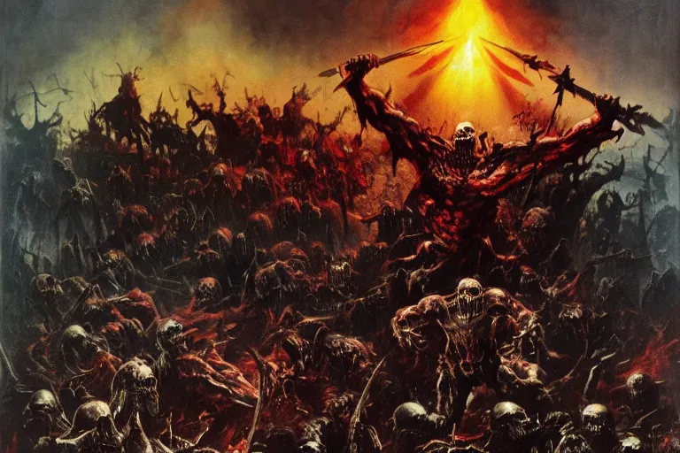 Prompt: undead army emerging from a lake of blood guided by the angel of death, dramatic lighting by Frank Frazetta