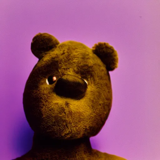 Image similar to Portrait studio photograph of Kanye West in foreground, close up, anthropomorphic teddy bear in background, shallow depth of field, Lomochrome Purple XR 100-400, 40mm