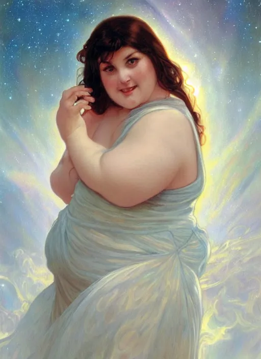 Image similar to a chubby woman with pointed ears, wearing a white sundress, and a swirling sparkling cloud galaxy nebula for hair, realistic painting by ross tran and gerald brom and alphonse mucha, artgerm, trending on artstation