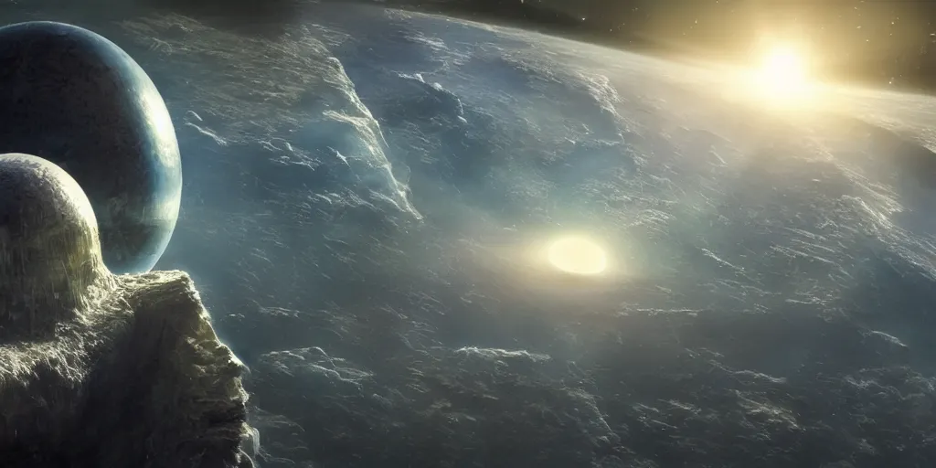 Prompt: wide - angle hero shot from a distance of 5 0 0 million miles. a highly accurate vision of planet earth suspended inside a crystal tear drop of an unbelievably huge weeping robot alien being. highly coherent, 4 k, highly detailed. saturated. epic. digital art, concept art, st : tng, octane 3 d render, imax 7 0 mm, dramatic lighting.