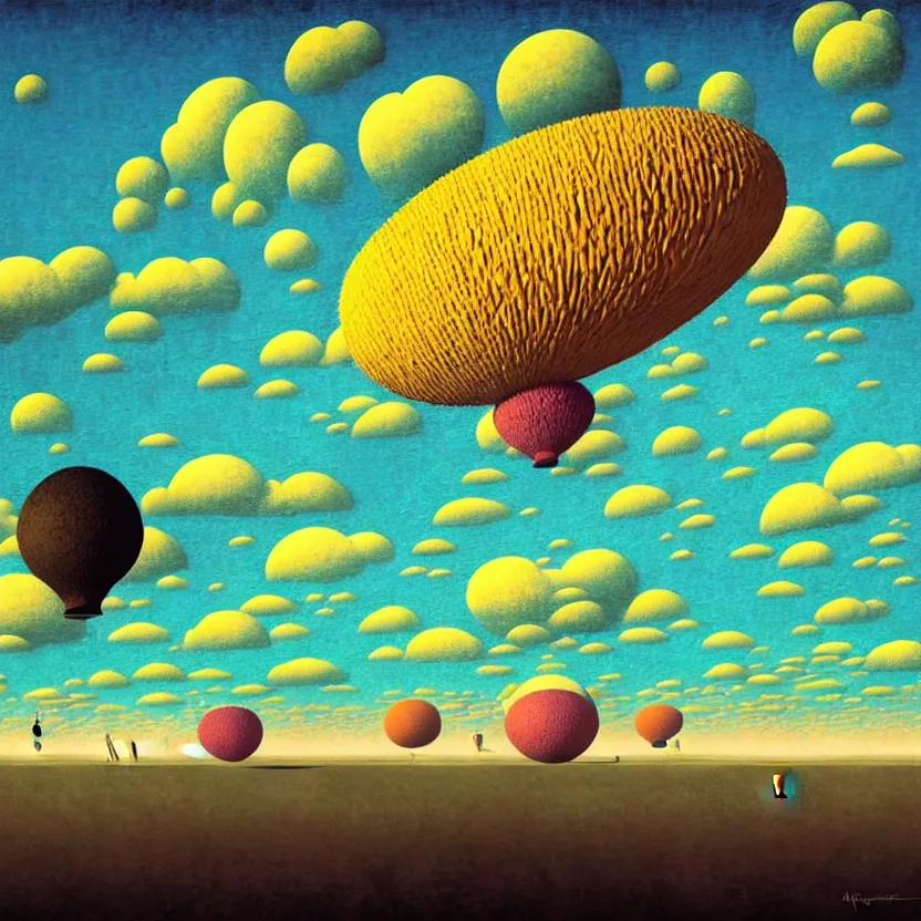 Image similar to surreal glimpse into other universe, airship floating sky, summer morning, very coherent and colorful high contrast, art by! gediminas pranckevicius, rene magritte! paul klee geof darrow, volumetric lighting, cinematic, floralpunk screen printing woodblock, dark shadows, hard lighting, stipple brush