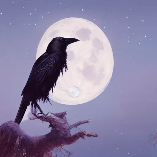 Image similar to crow on tree in front of the full big moon, highly detailed, digital painting, artstation, concept art, smooth, sharp focus, illustration, Unreal Engine 5, 8K, art by artgerm and greg rutkowski and alphonse mucha