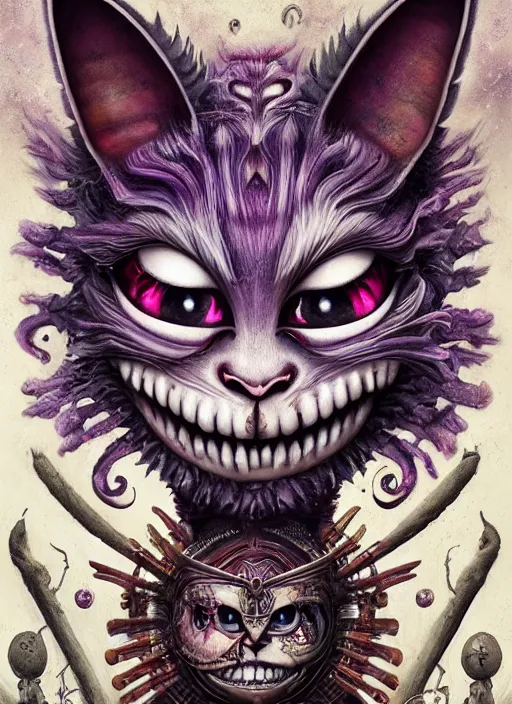 Prompt: cheshire cat, polynesian god, half skull half face, highly detailed, cinematic, 8 k, by megan duncanson, benjamin lacombe, adrian borda, stanley artgermm, tom bagshaw, craig mullins, carne griffiths, ayami kojima, beksinski, giger, trending on deviantart, hyper detailed, horror, full of colour