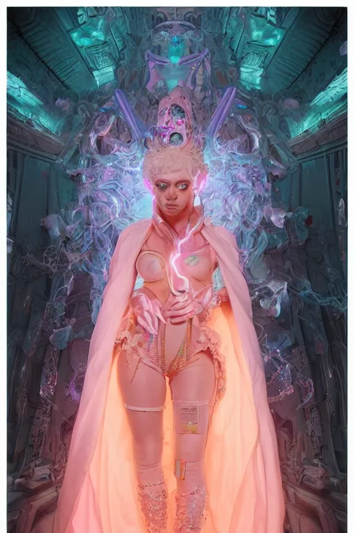 Prompt: full-body rococo and cyberpunk delicate neon crystalline sculpture of ((beautiful albino Latina goddess)) as an iridescent humanoid deity wearing ((peach plastic hooded cloak)) (holding a human skull) in a white castle dungeon, reclining, glowing pink face, crown of (pink lasers), large blue diamonds, swirling black silk fabric. futuristic elements. oozing glowing liquid, full-length view. space robots. intricate artwork by caravaggio. Trending on artstation, octane render, cinematic lighting from the right, hyper realism, octane render, 8k, depth of field, 3D