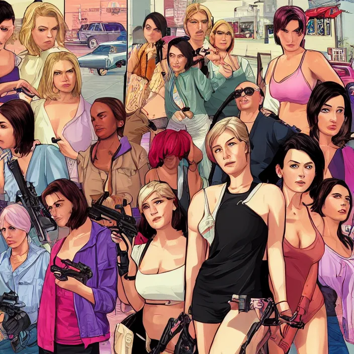 Image similar to female protagonists in gta, cover art by stephen bliss, boxart