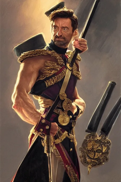 Prompt: Hugh Jackman in a Royal Navy uniform with medals on his jacket, holding a ceremonial sword, highly detailed, digital painting, Trending on artstation , HD quality, by artgerm and greg rutkowski and alphonse mucha, dramatic light, octane