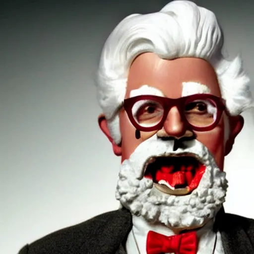 Prompt: colonel sanders as an angry deranged zombie, background is a kfc,