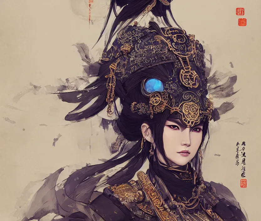 Image similar to ancient chinese princess with steampunk mask, dynasty warriors, elegant, unreal engine, 8 k, blue color scheme, headshot, highly detailed, smooth, ink painting, artstation, concept art, in style of yoji shinkawa, pan ren wei, col price, atey ghailan, by greg rutkowski, aesthetic