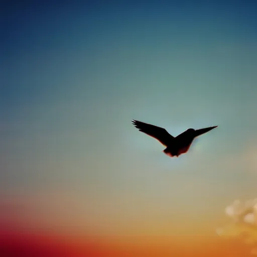 Image similar to Realistic shot of a radiant glowing dove flying over the clouds at sunset, ethereal, vintage photograph, film grain, surreal, awe-inspiring, highly detailed