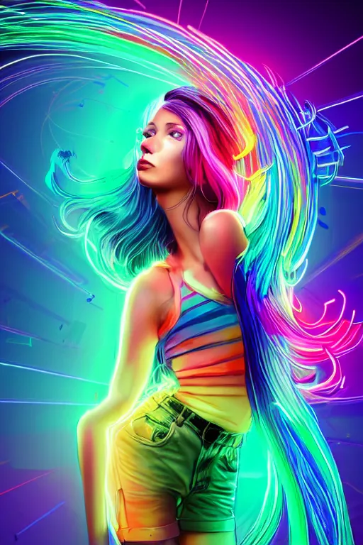 Image similar to a award winning half body portrait of a beautiful woman with stunning eyes in a croptop and cargo pants with rainbow colored ombre hairstyle head in motion and hair flying by thomas danthony, outlined by whirling illuminated neon lines, outrun, vaporware, shaded flat illustration, digital art, trending on artstation, highly detailed, fine detail, intricate