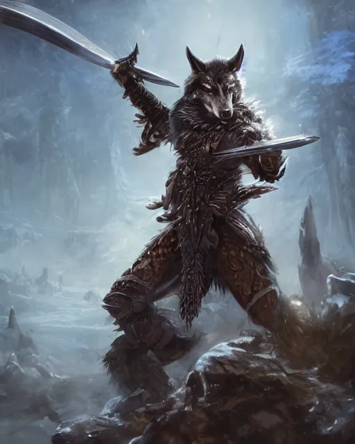 Prompt: oil painting of Anthropomorphized Wolf Warrior, wearing intricate fur armor, sharp focus, holding Sword, magical aura heroic pose, fantasy style, octane render, volumetric lighting, 8k high definition, by greg rutkowski, highly detailed, trending on art Station, magic the gathering artwork, magical Battlefield backround, centered