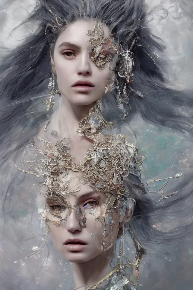 Image similar to a sculpture made of opal, portrait, female, future, shaman, harper's bazaar, vogue, magazine, insanely detailed and intricate, concept art, close-up, ornate, luxury, elite, elegant, trending on artstation, by Ruan Jia, Kenneth Willardt, Ross Tran, WLOP, Andrei Riabovitchev.