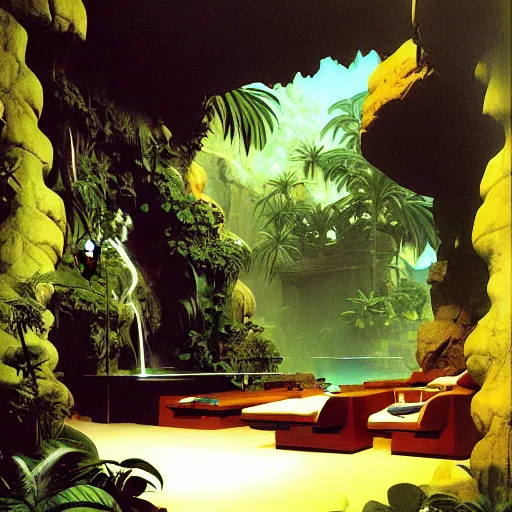 Image similar to a tropical cave that renovate as a luxury interior by syd mead, frank frazetta, ken kelly, simon bisley, richard corben, william - adolphe bouguereau w 1 0 2 4