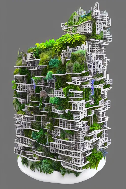 Image similar to 3 d printed physical model organic flowy including more than one city into one vertical building model that sits on a table in a room with a view back, multiple stories, transparent, with vegetation, colorful, eye - level view, 8 0 k, octane render, highly detailed 3 d render,