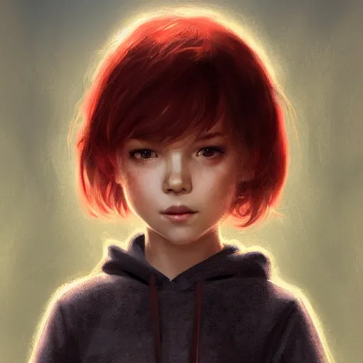 Image similar to a tiny girl with short red hair wearing a hoodie, digital art, cute face, very beautiful face, pretty face, very detailed eyes, full body illustration, 8 k resolution, soft painting, by greg rutkowski, wlop, rossdraws,