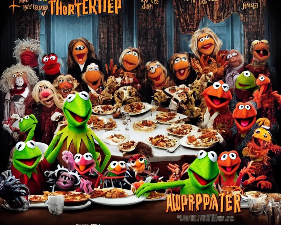 Image similar to A horror movie poster featuring muppets sitting at a dinner table