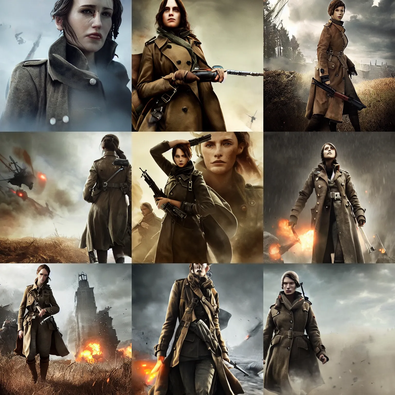 Prompt: young woman wearing a trenchcoat, promotional art for'battlefield 1'