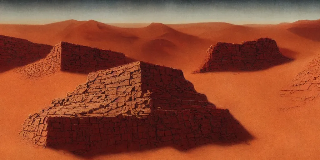 Image similar to red desert on mars, ruins of giant tetris part covered with sand, sandfalls, painted by ruan jia, raymond swanland, lawrence alma tadema, zdzislaw beksinski, norman rockwell, jack kirby, tom lovell, alex malveda, greg staples