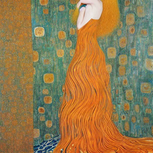 Image similar to Painting of Elle Fanning in orange tornado, long blonde hair, delicate, pale milky white porcelain skin, by Klimt. 8K. Extremely detailed.