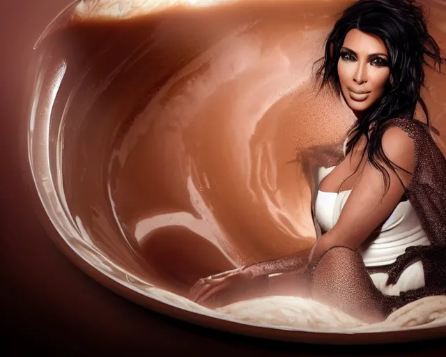 Image similar to Kim Kardashian inside a giant cup of coffee, highly detailed, cinematic, award winning, studio lighting