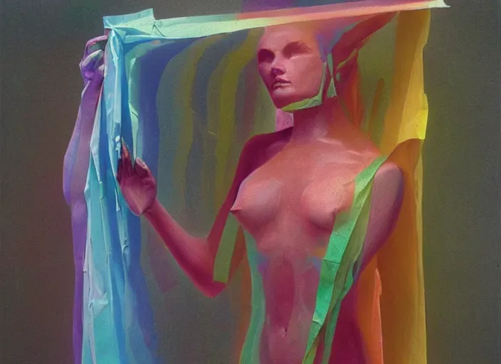 Image similar to woman in a translucent clothing made from colorful rainbow plastic bag with paper bags for clothes standing inside paper bags with paper bag over the head at colorful rainbow store display, highly detailed, artstation, art by , edward hopper, zdislav beksinski, wayne barlowe