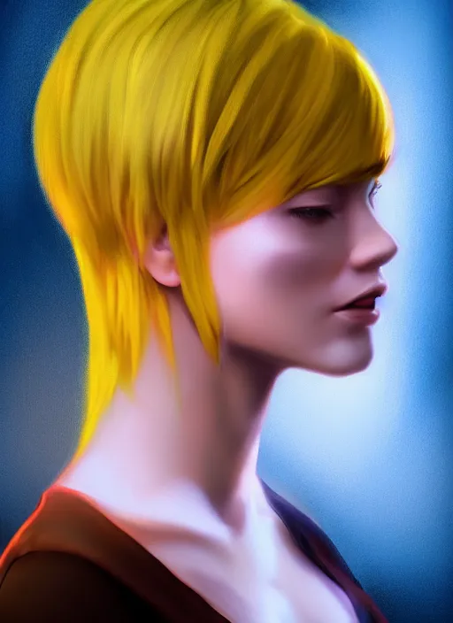 Prompt: portrait, young lady, yellow short hair, computer painting, volumetric lighting, detailed