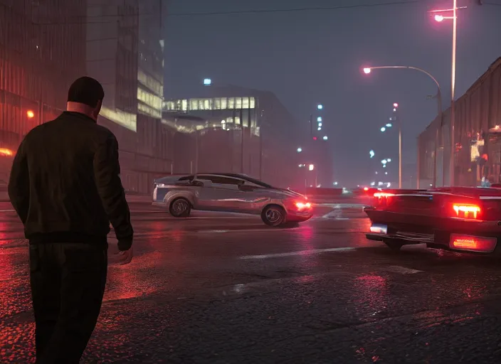 Image similar to gta in moscow, playstation 5 screenshot, mega details, dark night, orange lights, heavy rain, fog, beautiful rtx reflections, soviet suburbs, photorealistic, unreal engine 5, octane render, volumetric light, cg society, 4 k, bokeh, lada car, artstation